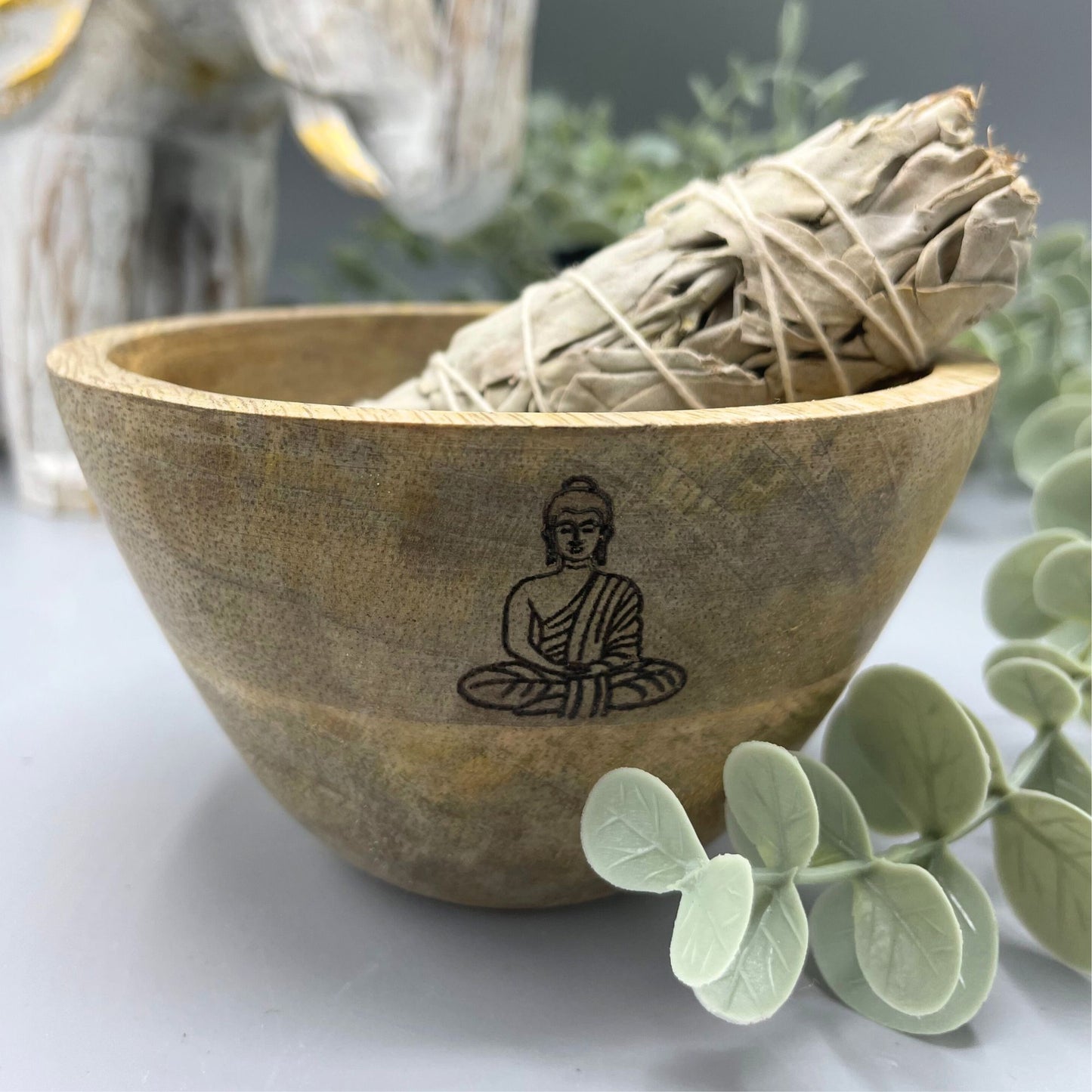 Wooden Smudge and Ritual Offerings Bowl - Buddha - 12x7cm
