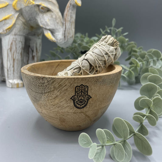 Wooden Smudge and Ritual Offerings Bowl - Hamsa - 12x7cm