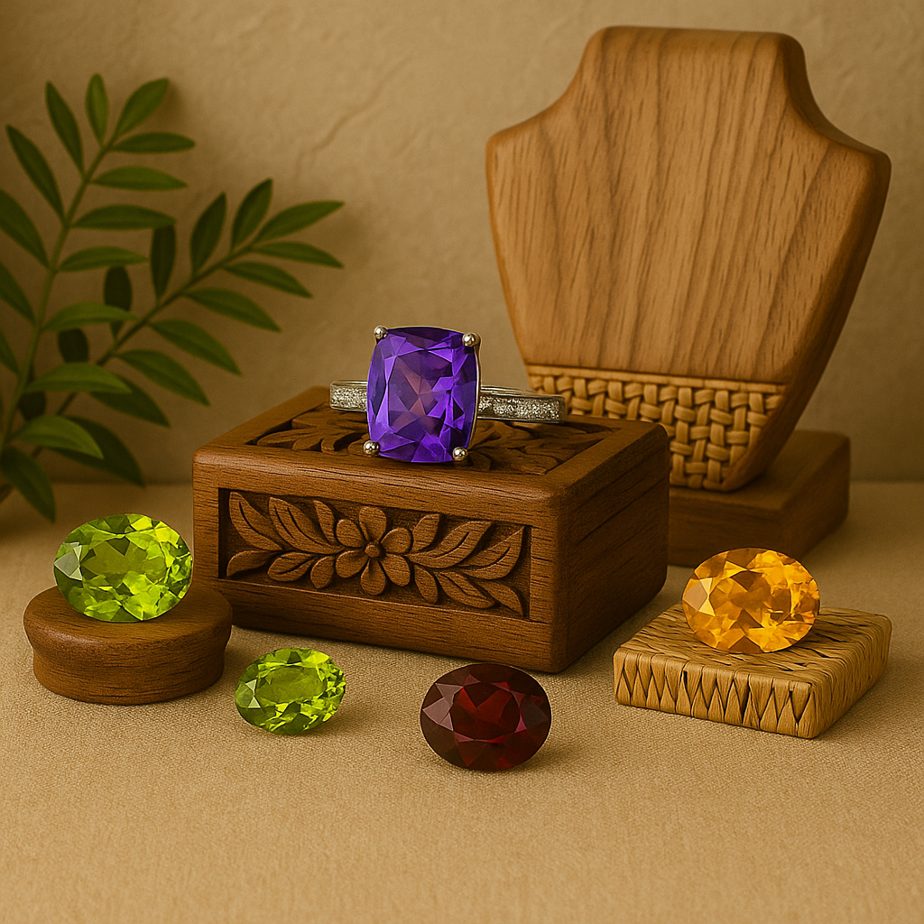 Présentation élégante de bagues artisanales ornées de pierres précieuses telles que l’améthyste, la citrine, le grenat et le péridot, exposées sur des présentoirs en velours crème à base en bois, dans un décor raffiné d’inspiration.