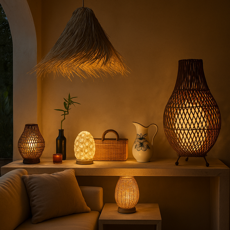 Ambiance chaleureuse dans un intérieur élégant avec plusieurs lampes artisanales allumées : suspension en raphia, lampes en rotin, lampe en coquillages et objets décoratifs naturels. Parfait pour une collection de luminaires artisanaux.