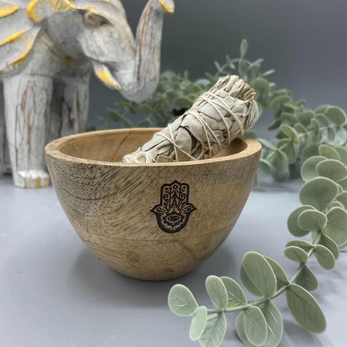 Wooden Smudge and Ritual Offerings Bowl - Hamsa - 12x7cm