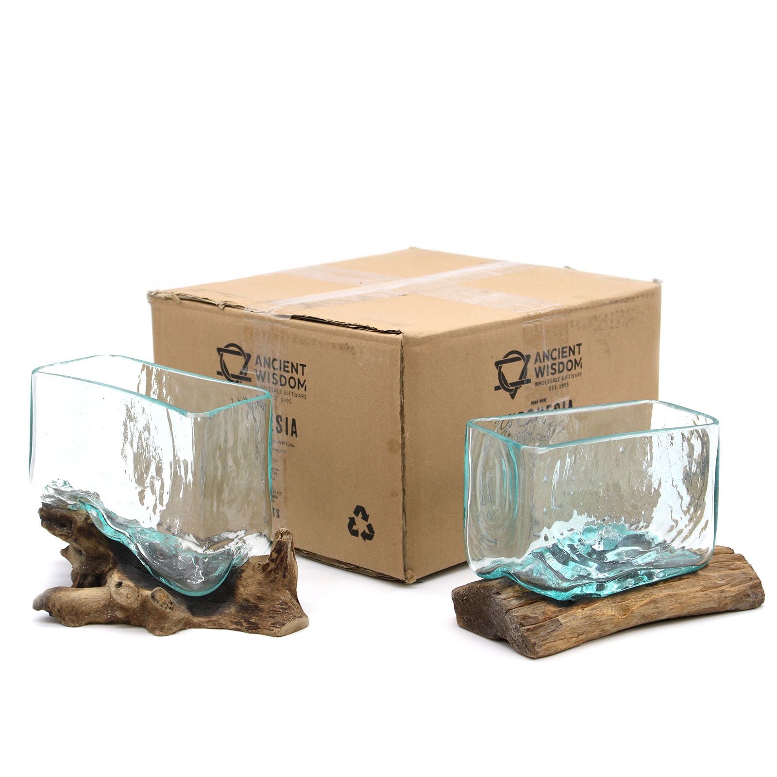 1x Molten Glass Tank on Wood with Stand - Large Bowl