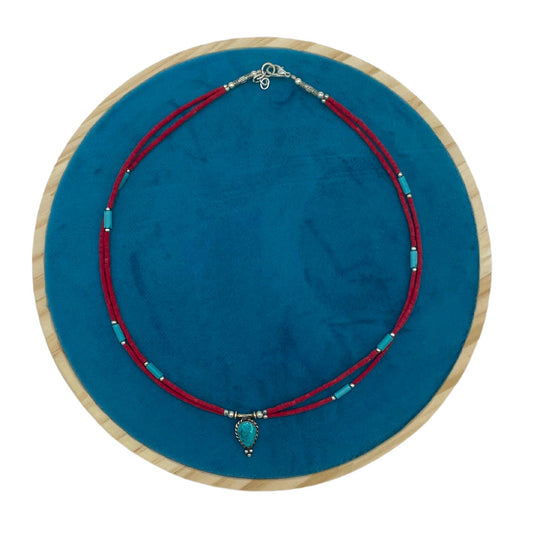 Nepalese Extra Fine Two Line Necklace - Pink & Turquoise Pendant