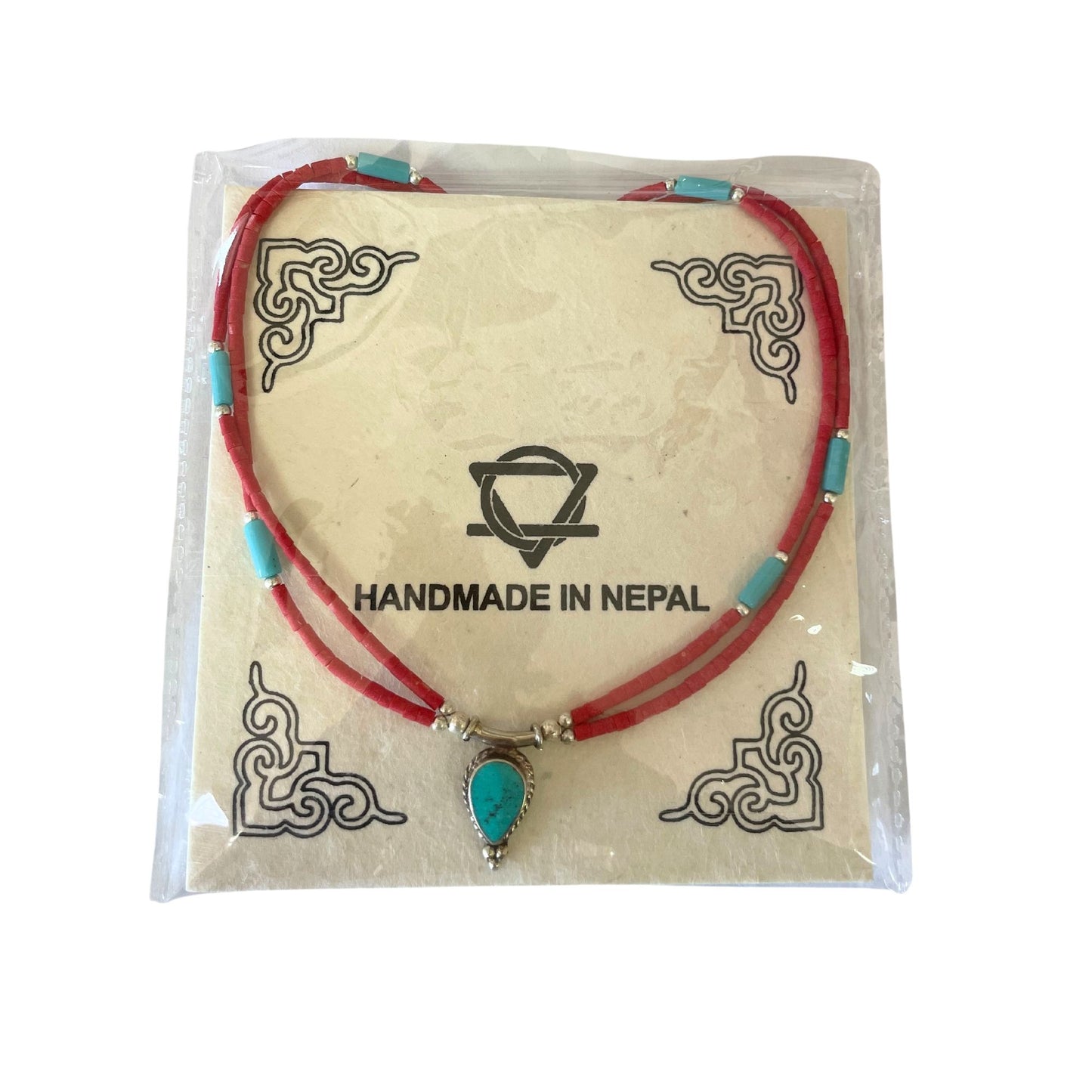 Nepalese Extra Fine Two Line Necklace - Pink & Turquoise Pendant