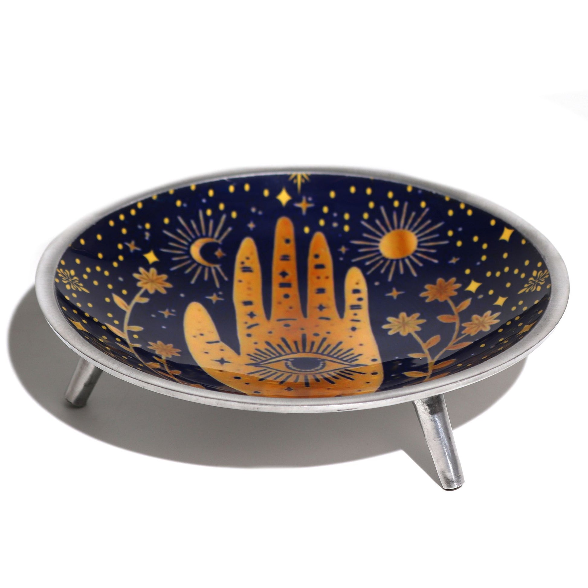 Triple Leg Enameled Offering Plate - Hamsa Midnight Blue