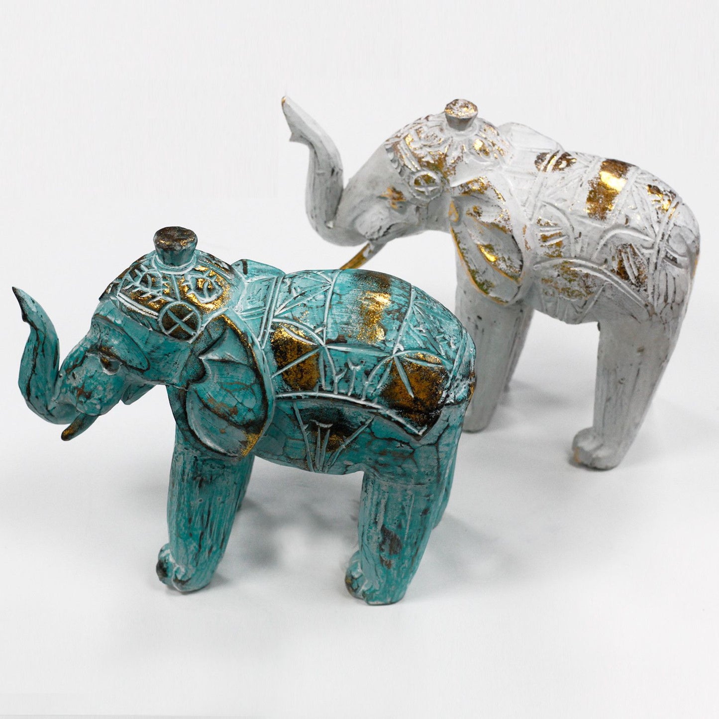 Wood Carved Elephant - Turquois Gold