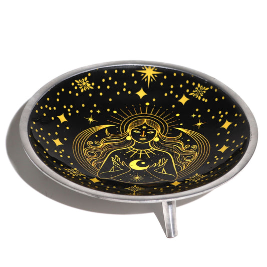 Triple Leg Enameled Offering Plate - Gold Goddess on Black