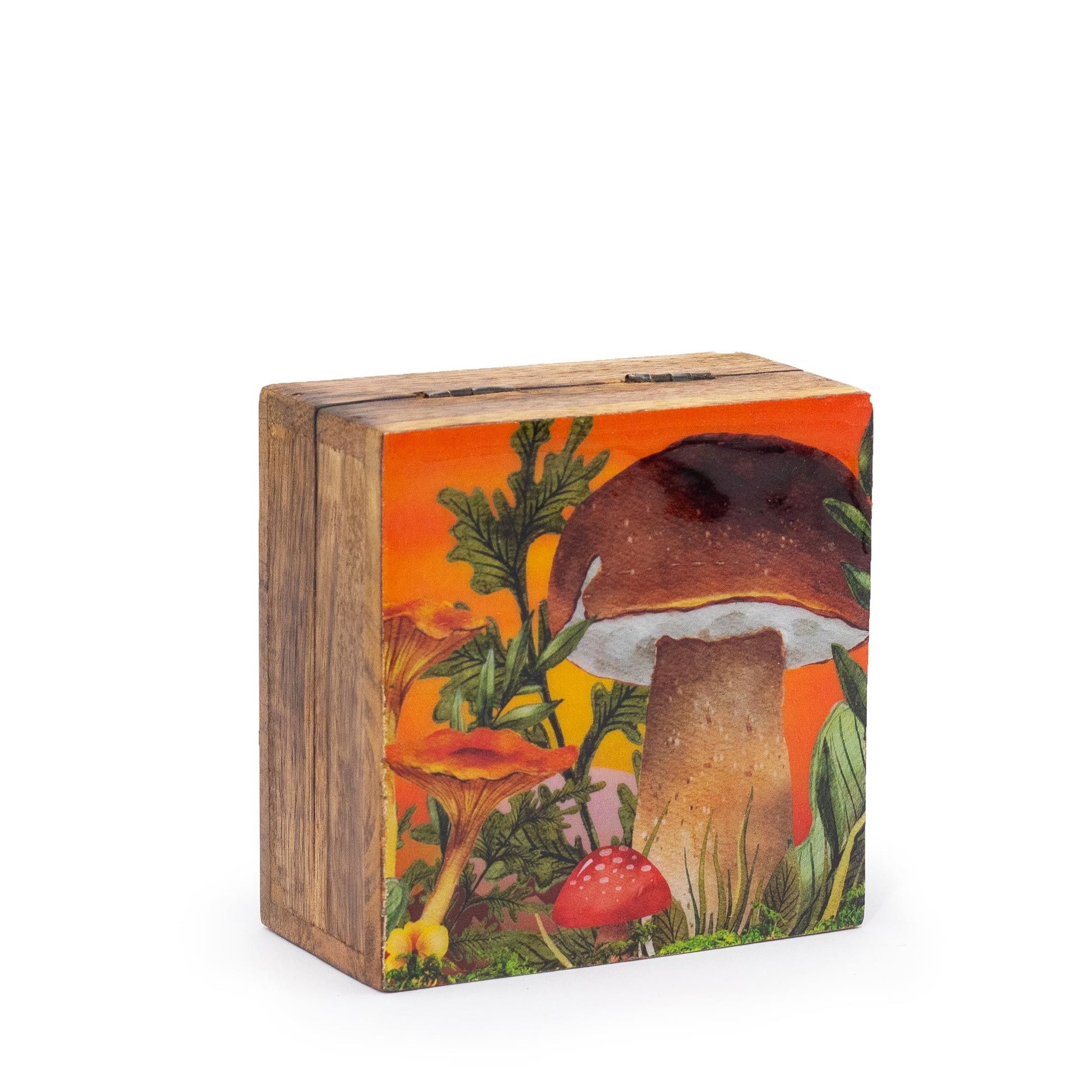 Small Enameled Square Box 10x10x4.2cm - Mushroom Design Maroon